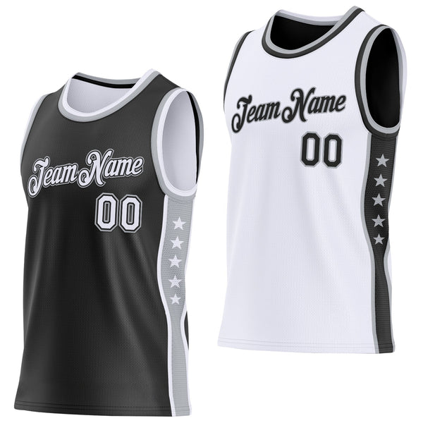 Custom Reversible Black White-Gray Double Side Star Sublimation Basketball Set Jersey