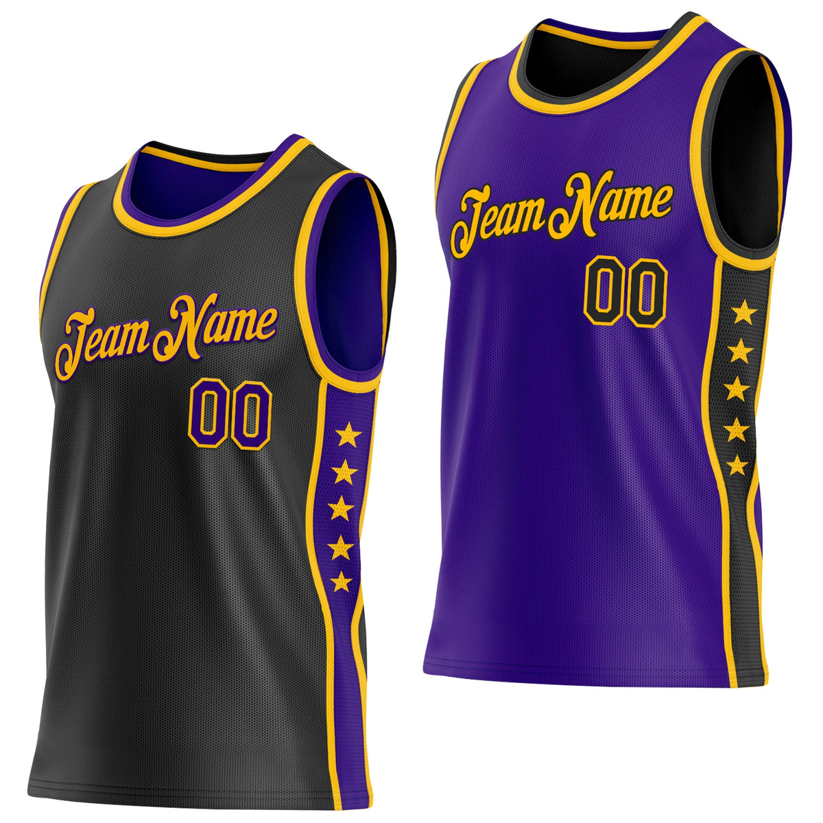 Custom Reversible Black Purple-Gold Double Side Star Sublimation Basketball Set Jersey