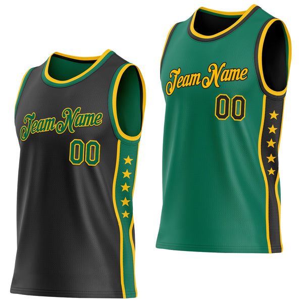 Custom Reversible Black Kelly Green-Gold Double Side Star Sublimation Basketball Set Jersey