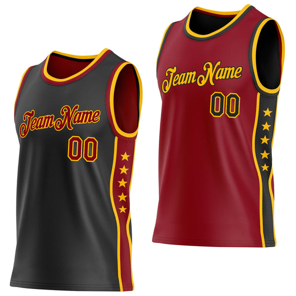 Custom Reversible Black Crimson-Gold Double Side Star Sublimation Basketball Set Jersey