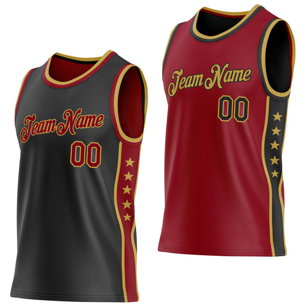 Custom Reversible Black Crimson-Old Gold Double Side Star Sublimation Basketball Set Jersey