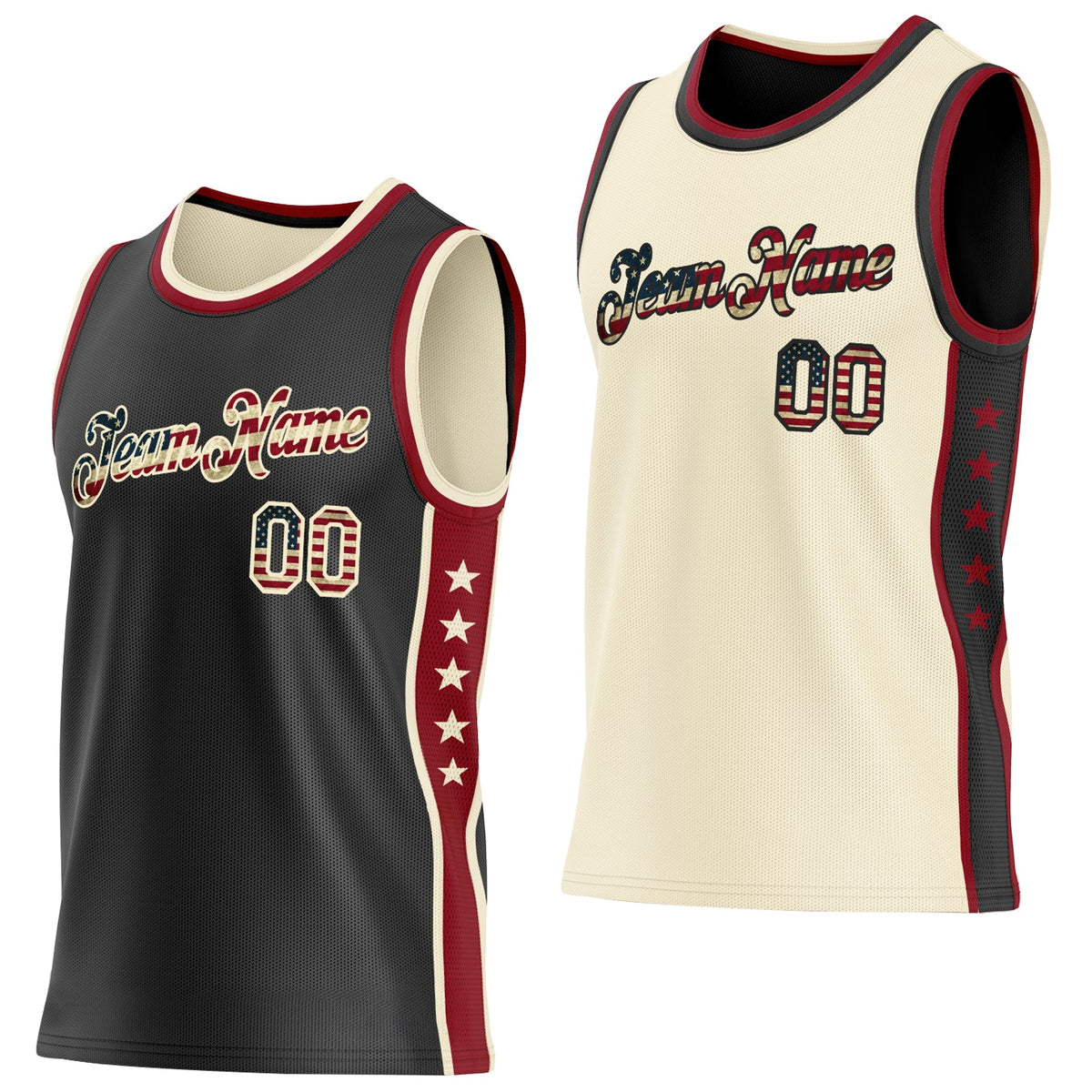 Custom Reversible Black Vintage USA Flag-Cream Double Side Star Sublimation Basketball Set Jersey