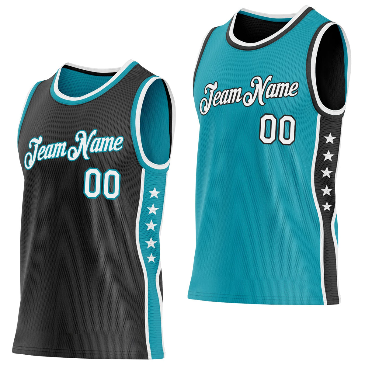 Custom Reversible Black White-Teal Double Side Star Sublimation Basketball Set Jersey