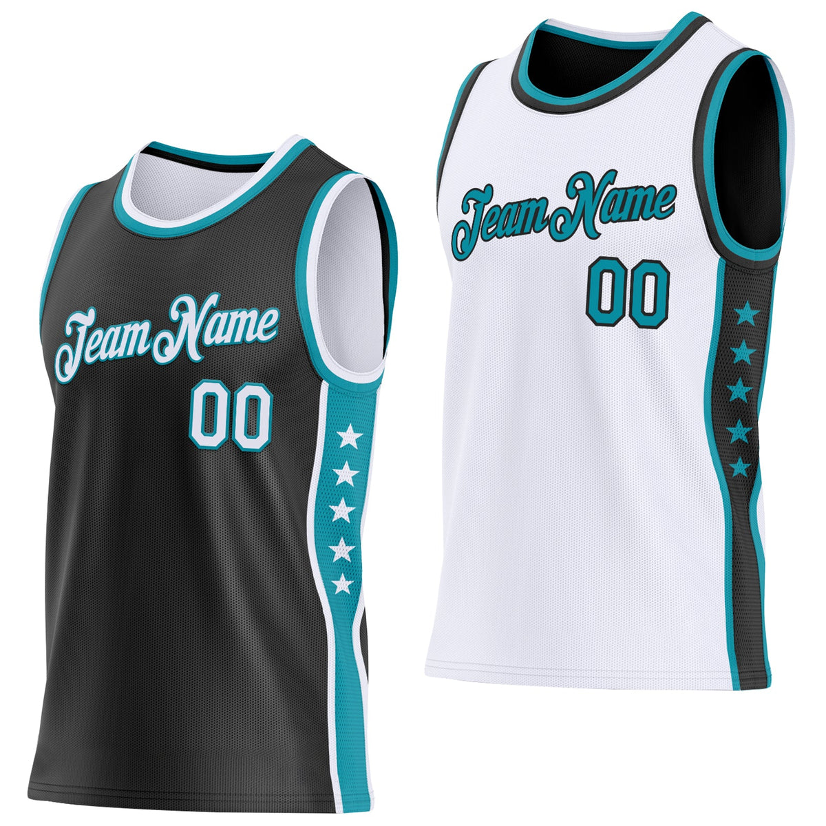 Custom Reversible Black White-Teal Double Side Star Sublimation Basketball Set Jersey
