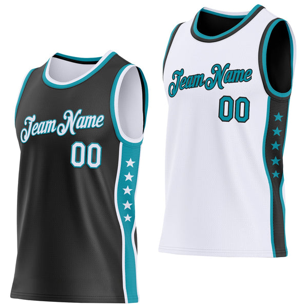 Custom Reversible Black White-Teal Double Side Star Sublimation Basketball Set Jersey