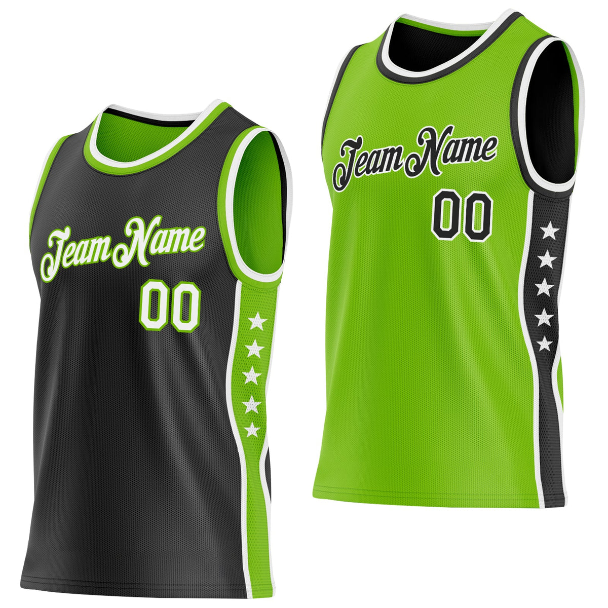 Custom Reversible Black White-Neon Green Double Side Star Sublimation Basketball Set Jersey