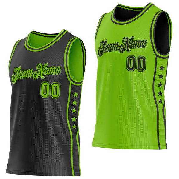 Custom Reversible Black Neon Green Double Side Star Sublimation Basketball Set Jersey