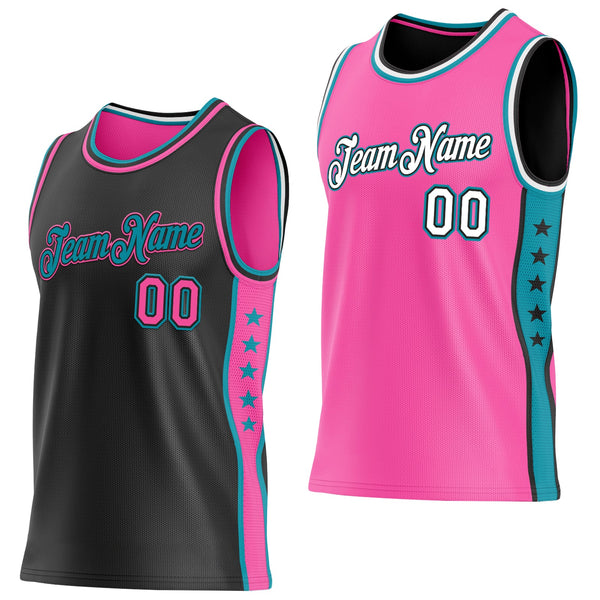 Custom Reversible Black Pink-Teal Double Side Star Sublimation Basketball Set Jersey