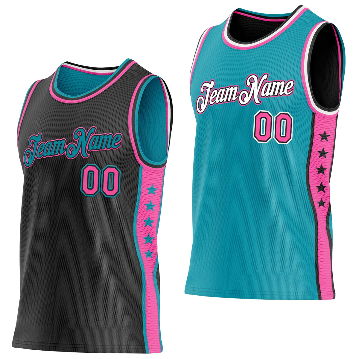 Custom Reversible Black Pink-Teal Double Side Star Sublimation Basketball Set Jersey