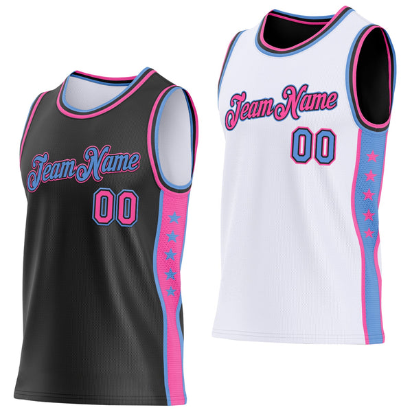 Custom Reversible Black Pink-Lakes Blue Double Side Star Sublimation Basketball Set Jersey