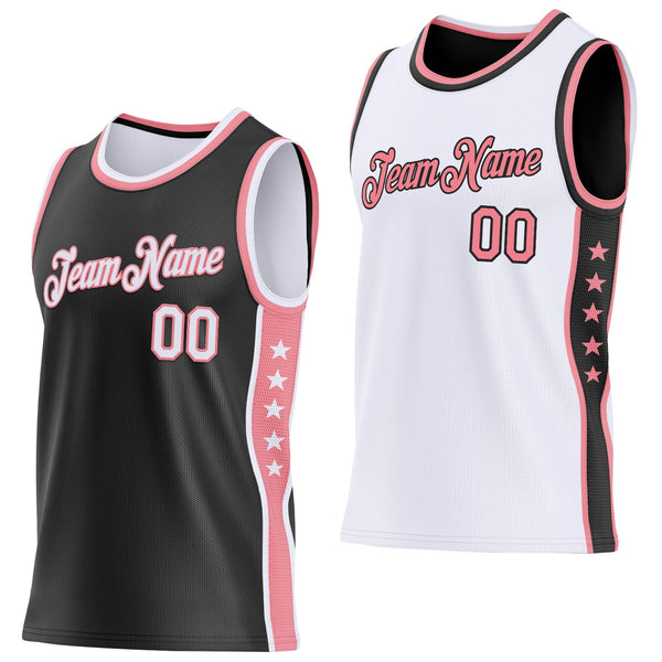 Custom Reversible Black White-Medium Pink Double Side Star Sublimation Basketball Set Jersey