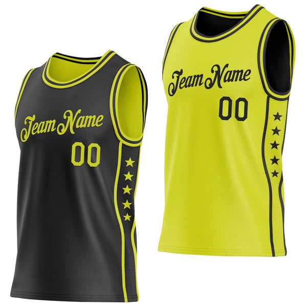 Custom Reversible Black Neon Yellow Double Side Star Sublimation Basketball Set Jersey