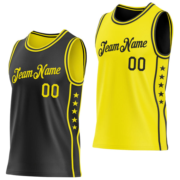 Custom Reversible Black Light Yellow Double Side Star Sublimation Basketball Set Jersey