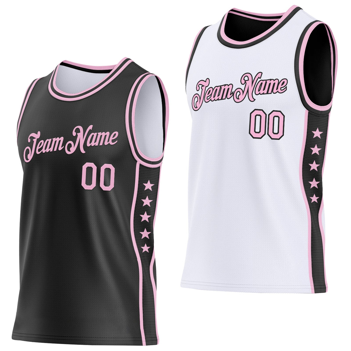 Custom Reversible Black Light Pink Double Side Star Sublimation Basketball Set Jersey