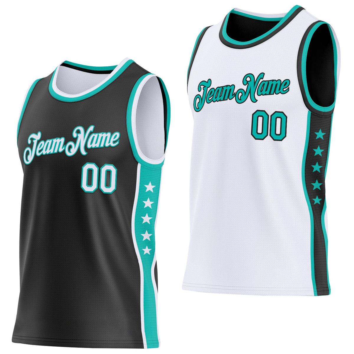 Custom Reversible Black White-Aqua Double Side Star Sublimation Basketball Set Jersey
