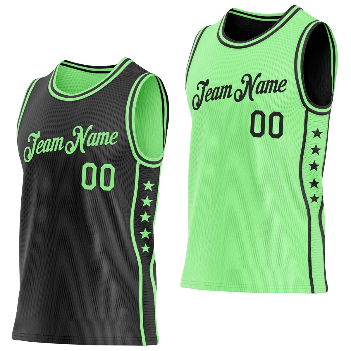 Custom Reversible Black Pea Green Double Side Star Sublimation Basketball Set Jersey