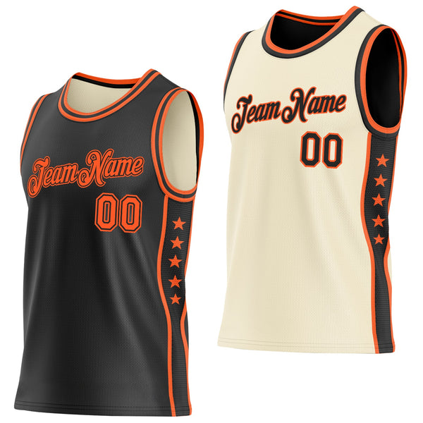 Custom Reversible Black Orange Double Side Star Sublimation Basketball Set Jersey
