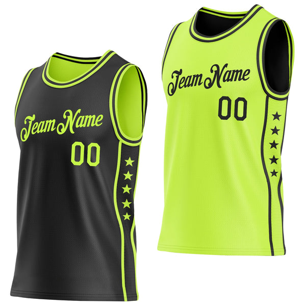 Custom Reversible Black Neon Green Double Side Star Sublimation Basketball Set Jersey