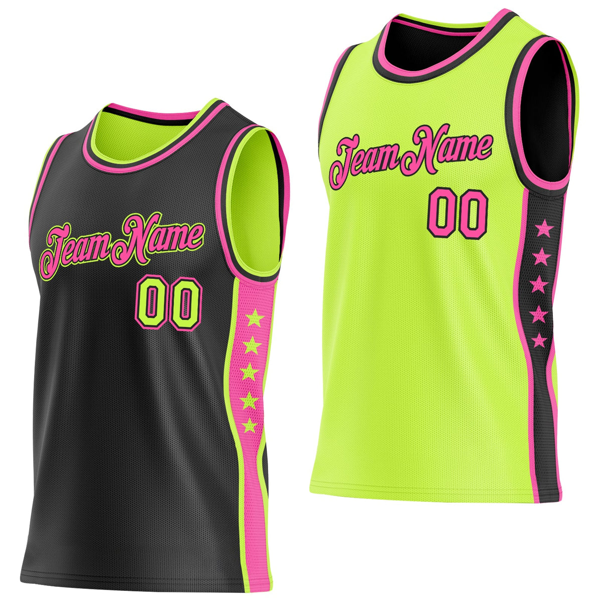 Custom Reversible Black Neon Green-Pink Double Side Star Sublimation Basketball Set Jersey