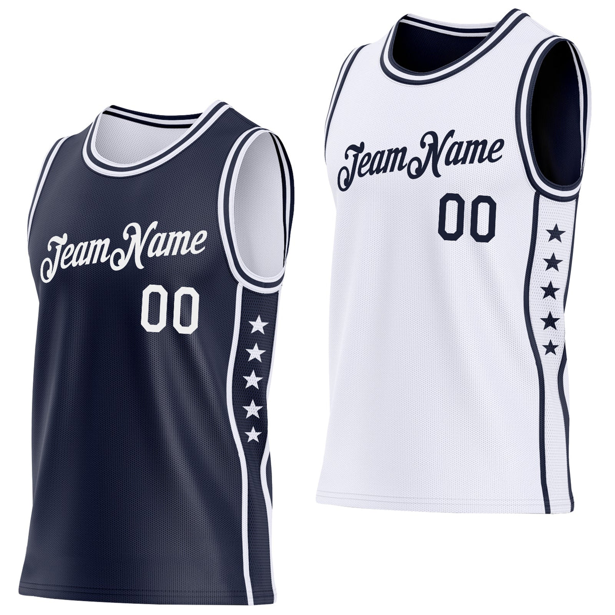 Custom Reversible Navy White Double Side Star Sublimation Basketball Set Jersey