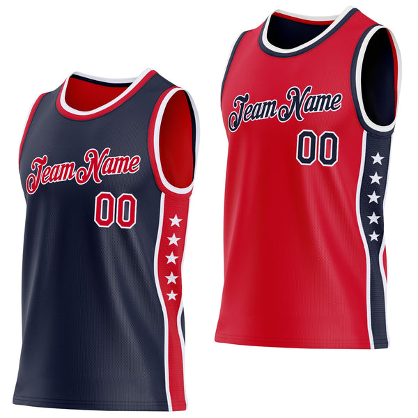 Custom Reversible Navy Red-White Double Side Star Sublimation Basketball Set Jersey