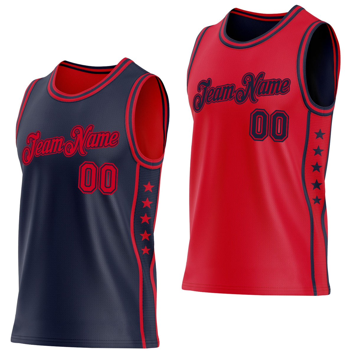 Custom Reversible Navy Red Double Side Star Sublimation Basketball Set Jersey