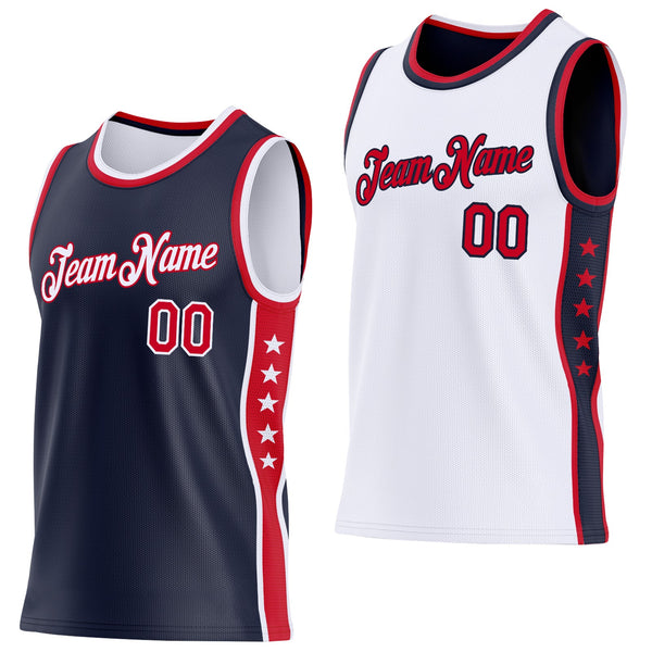 Custom Reversible Navy Red-White Double Side Star Sublimation Basketball Set Jersey