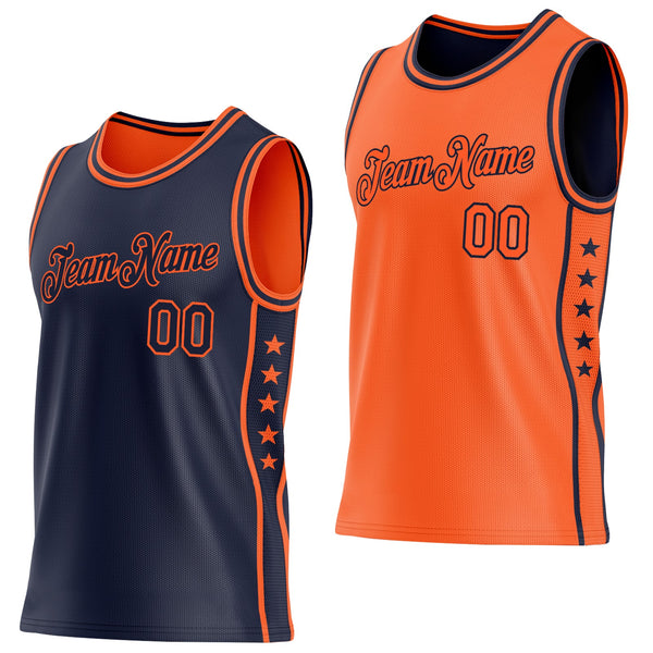 Custom Reversible Navy Orange Double Side Star Sublimation Basketball Set Jersey