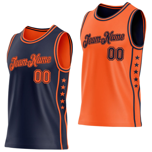 Custom Reversible Navy Orange Double Side Star Sublimation Basketball Set Jersey