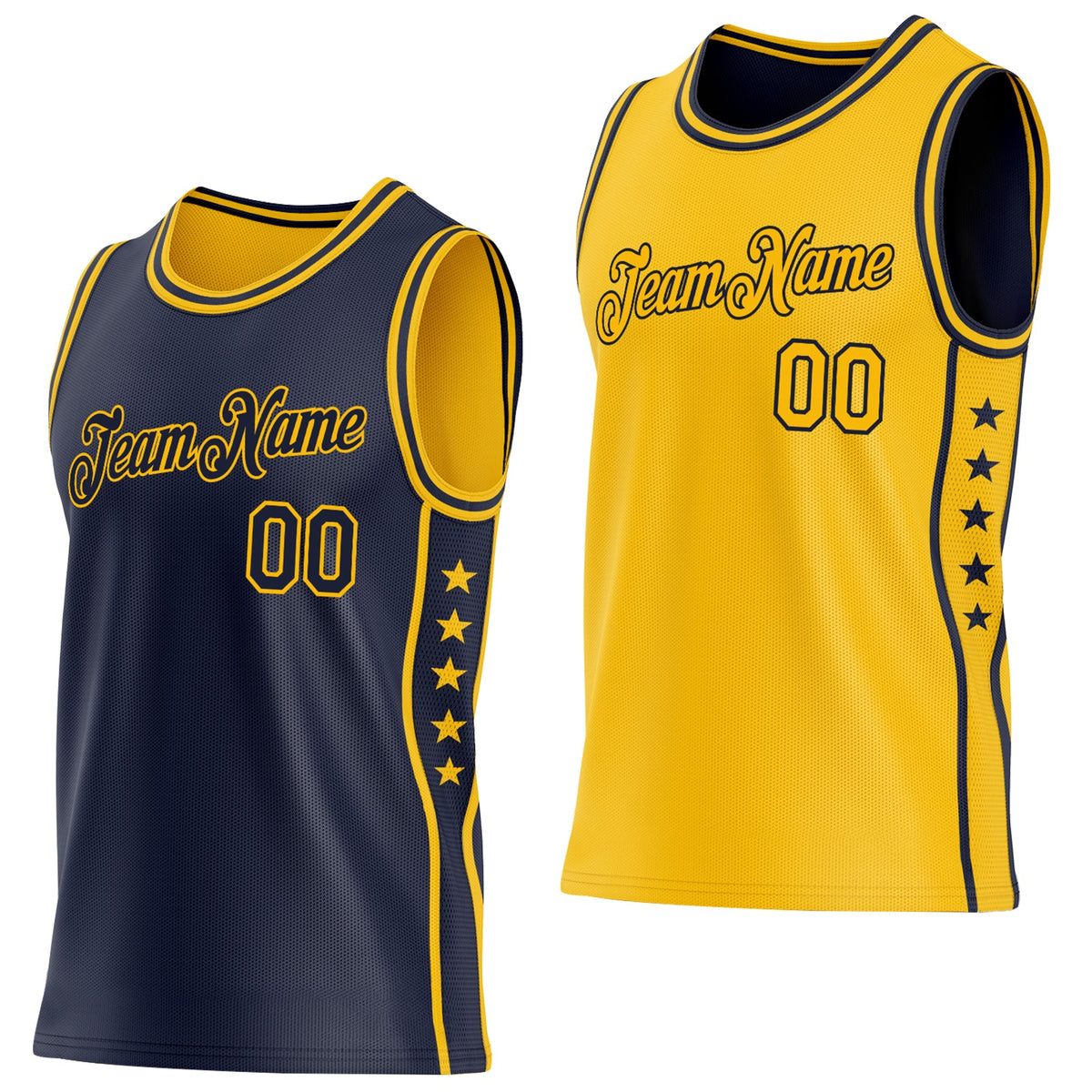 Custom Reversible Navy Gold Double Side Star Sublimation Basketball Set Jersey