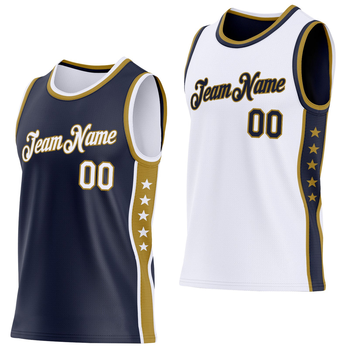 Custom Reversible Navy White-Old Gold Double Side Star Sublimation Basketball Set Jersey