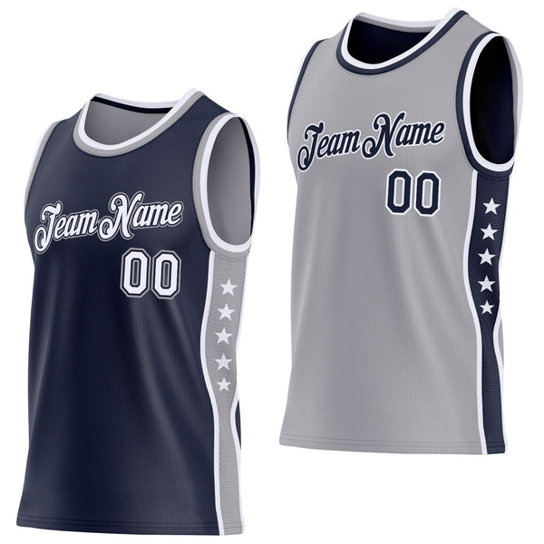 Custom Reversible Navy White-Gray Double Side Star Sublimation Basketball Set Jersey