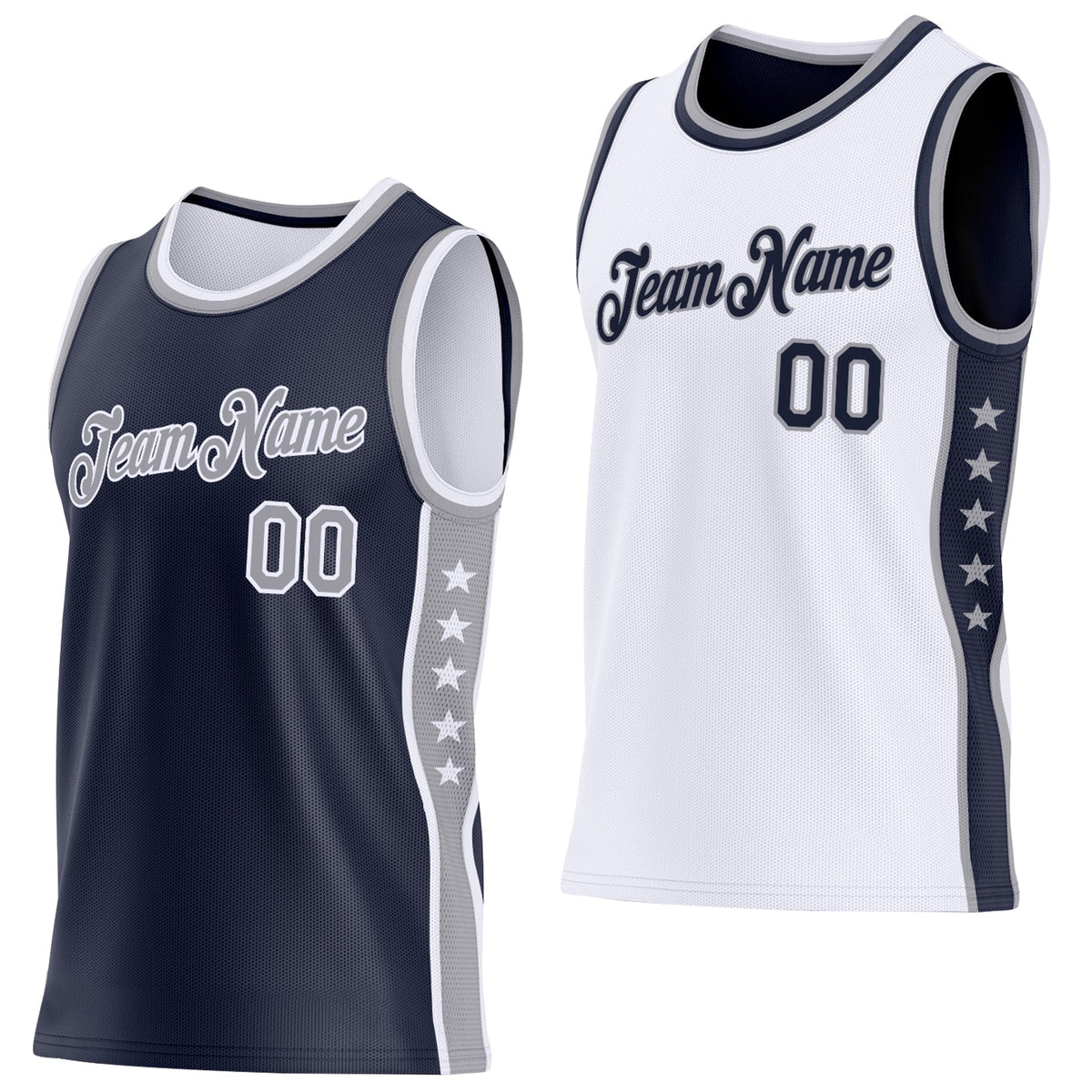 Custom Reversible Navy Gray-White Double Side Star Sublimation Basketball Set Jersey