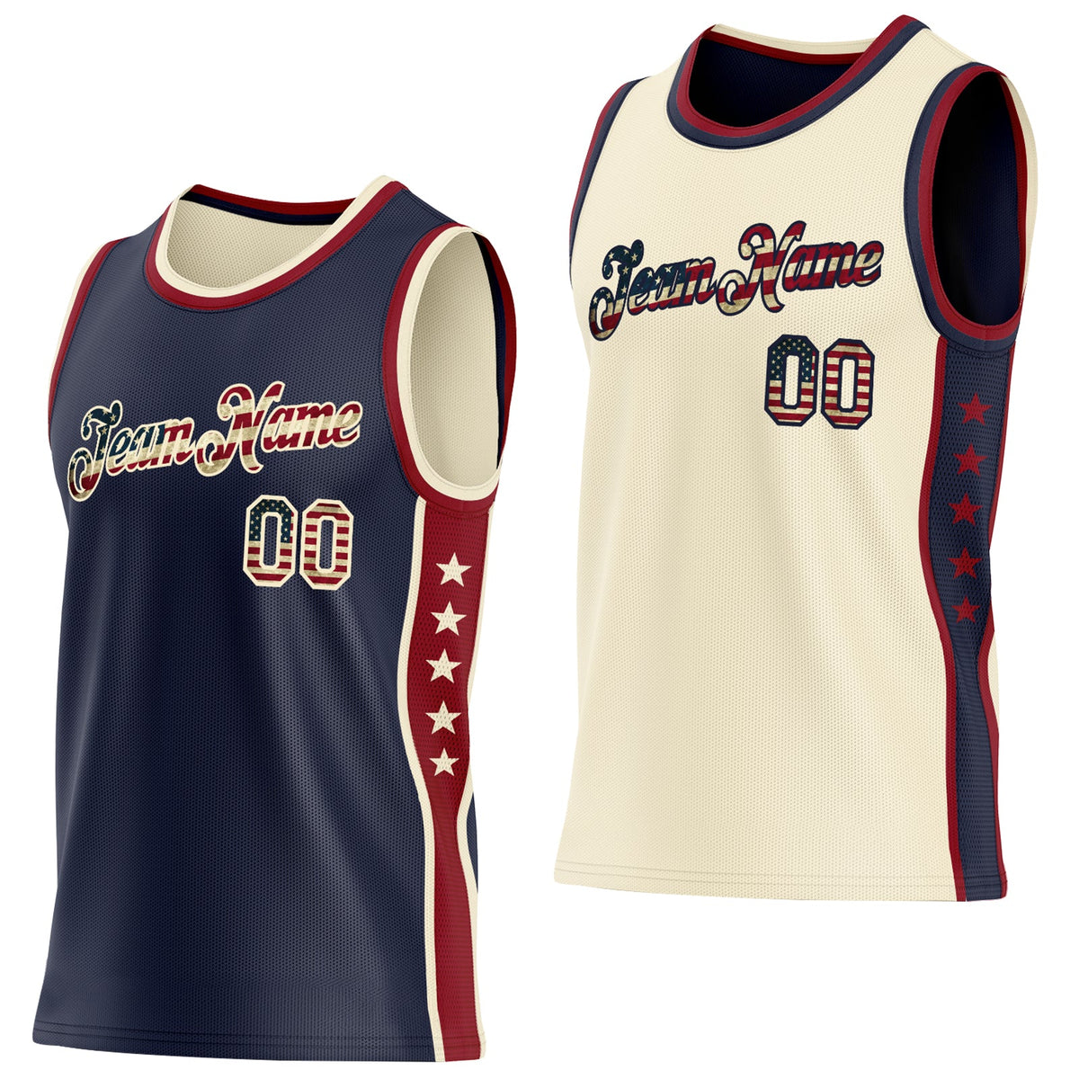 Custom Reversible Navy Vintage USA Flag-Cream Double Side Star Sublimation Basketball Set Jersey