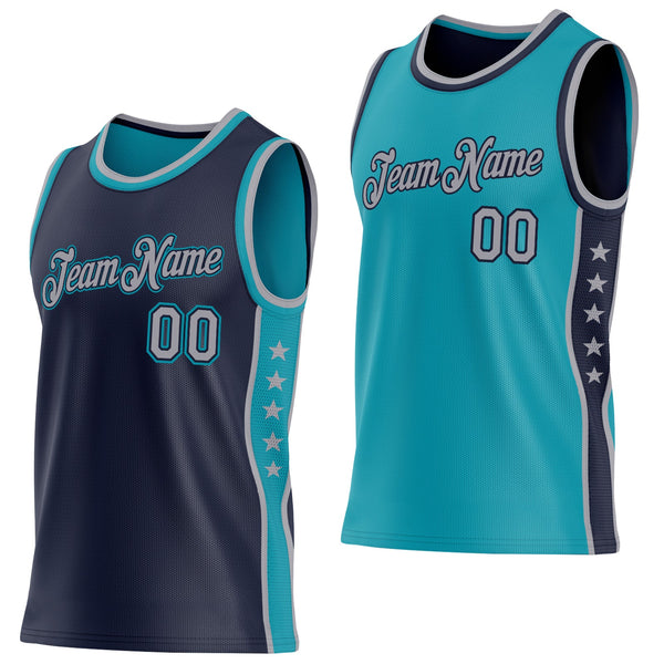 Custom Reversible Navy Gray-Teal Double Side Star Sublimation Basketball Set Jersey