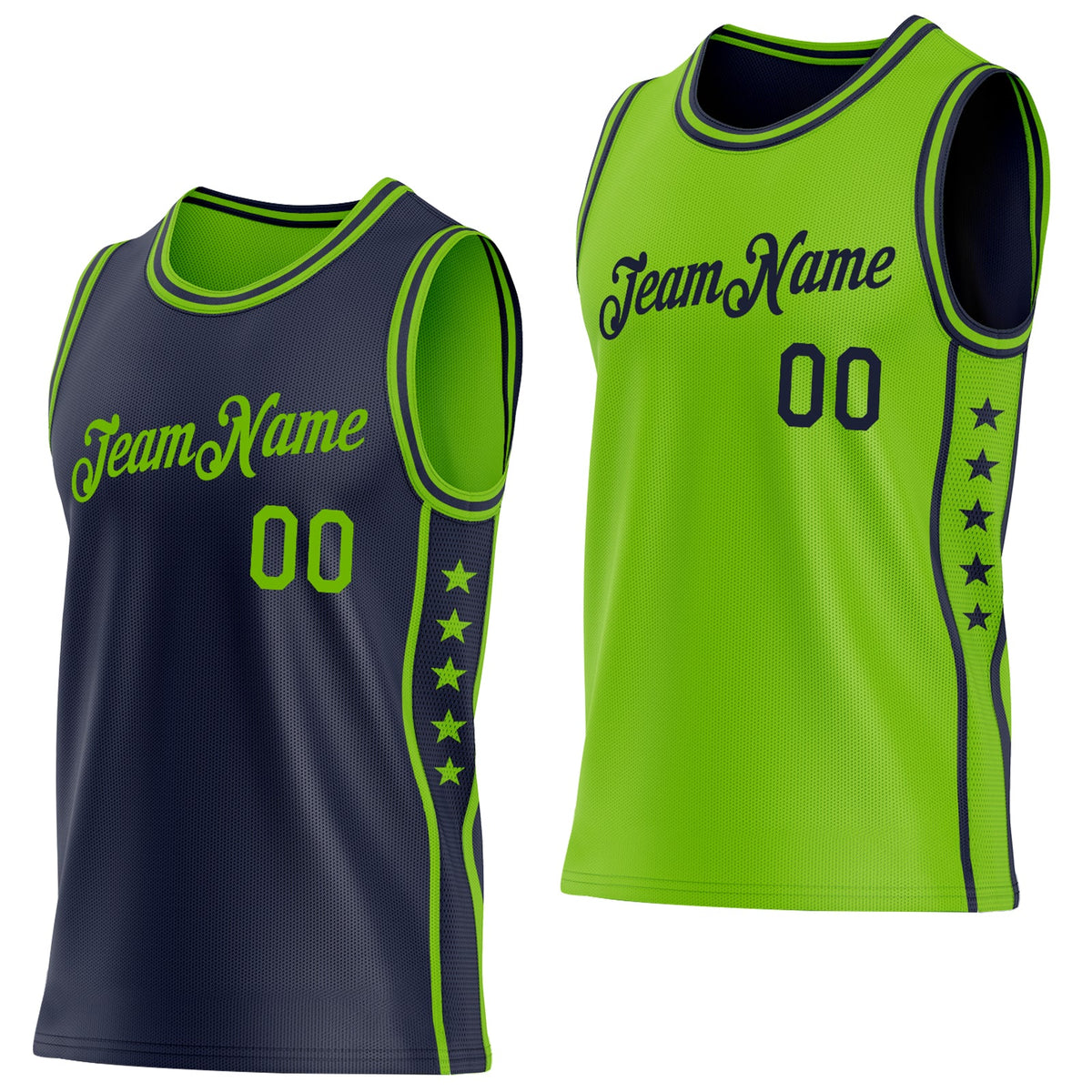 Custom Reversible Navy Neon Green Double Side Star Sublimation Basketball Set Jersey