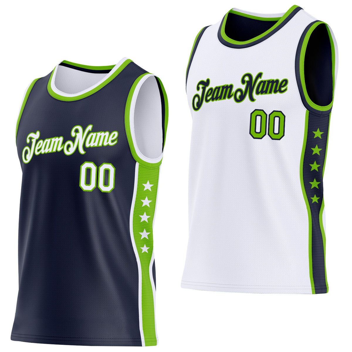 Custom Reversible Navy White-Neon Green Double Side Star Sublimation Basketball Set Jersey