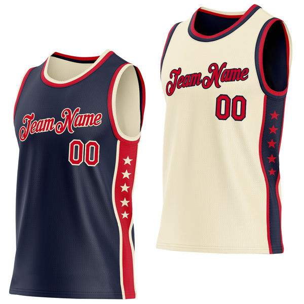 Custom Reversible Navy Red-Cream Double Side Star Sublimation Basketball Set Jersey