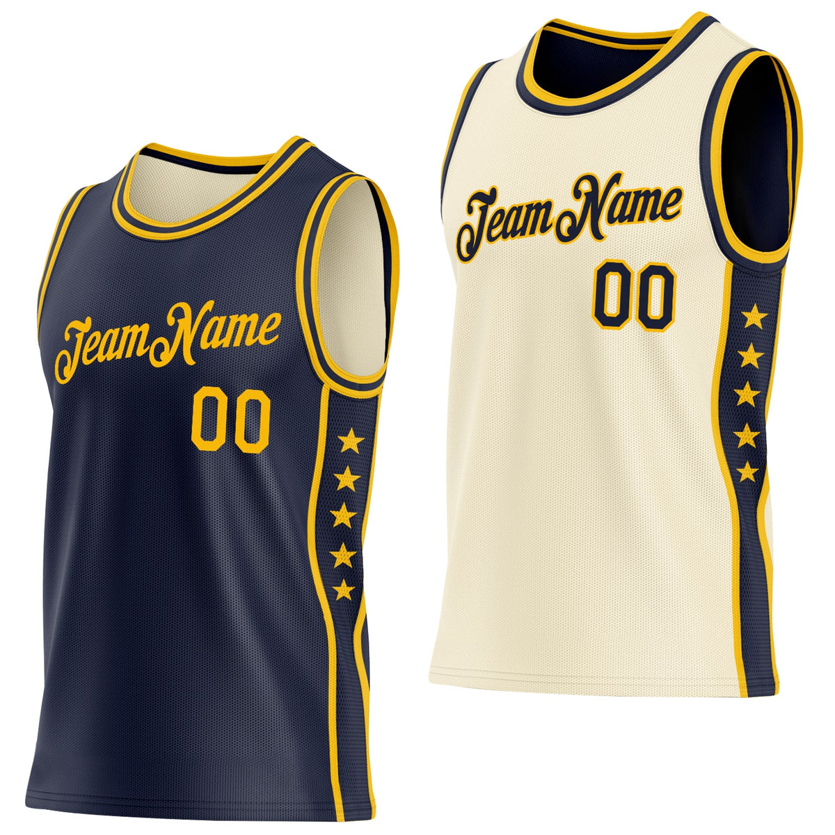 Custom Reversible Navy Gold Double Side Star Sublimation Basketball Set Jersey