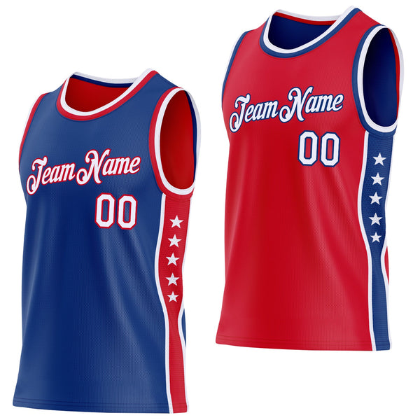 Custom Reversible Royal White-Red Double Side Star Sublimation Basketball Set Jersey