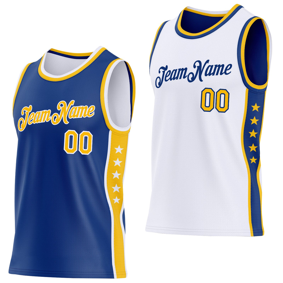 Custom Reversible Royal Gold-White Double Side Star Sublimation Basketball Set Jersey