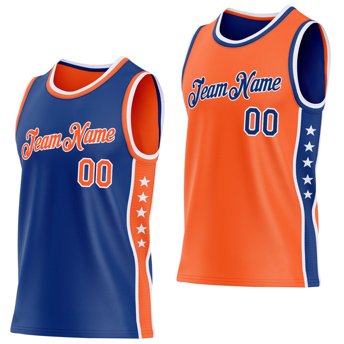 Custom Reversible Royal Orange-White Double Side Star Sublimation Basketball Set Jersey