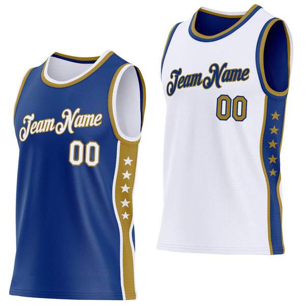 Custom Reversible Royal White-Old Gold Double Side Star Sublimation Basketball Set Jersey