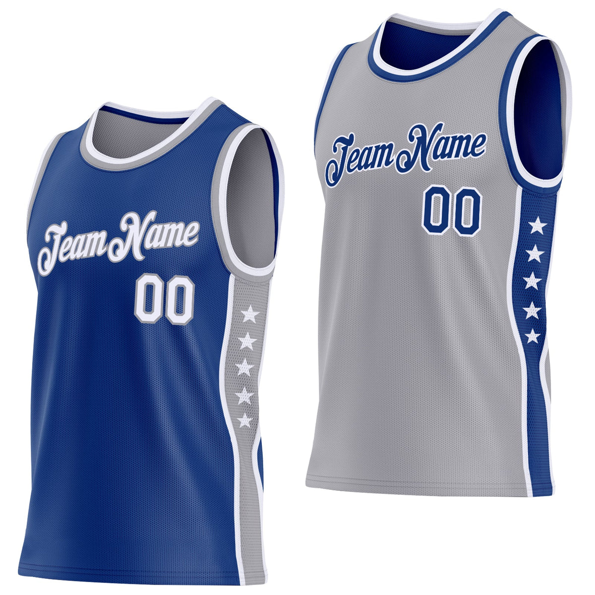 Custom Reversible Royal White-Gray Double Side Star Sublimation Basketball Set Jersey