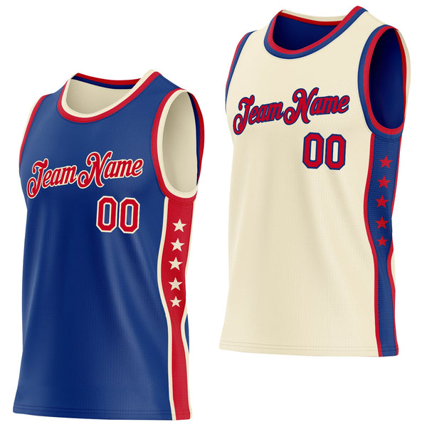 Custom Reversible Royal Red-Cream Double Side Star Sublimation Basketball Set Jersey