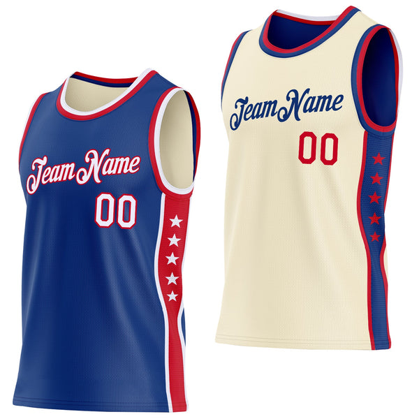 Custom Reversible Royal White-Red Double Side Star Sublimation Basketball Set Jersey