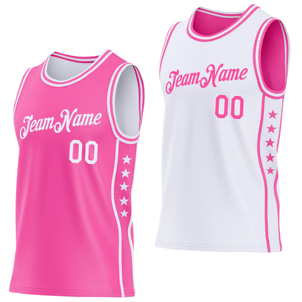 Custom Reversible Pink White Double Side Star Sublimation Basketball Set Jersey