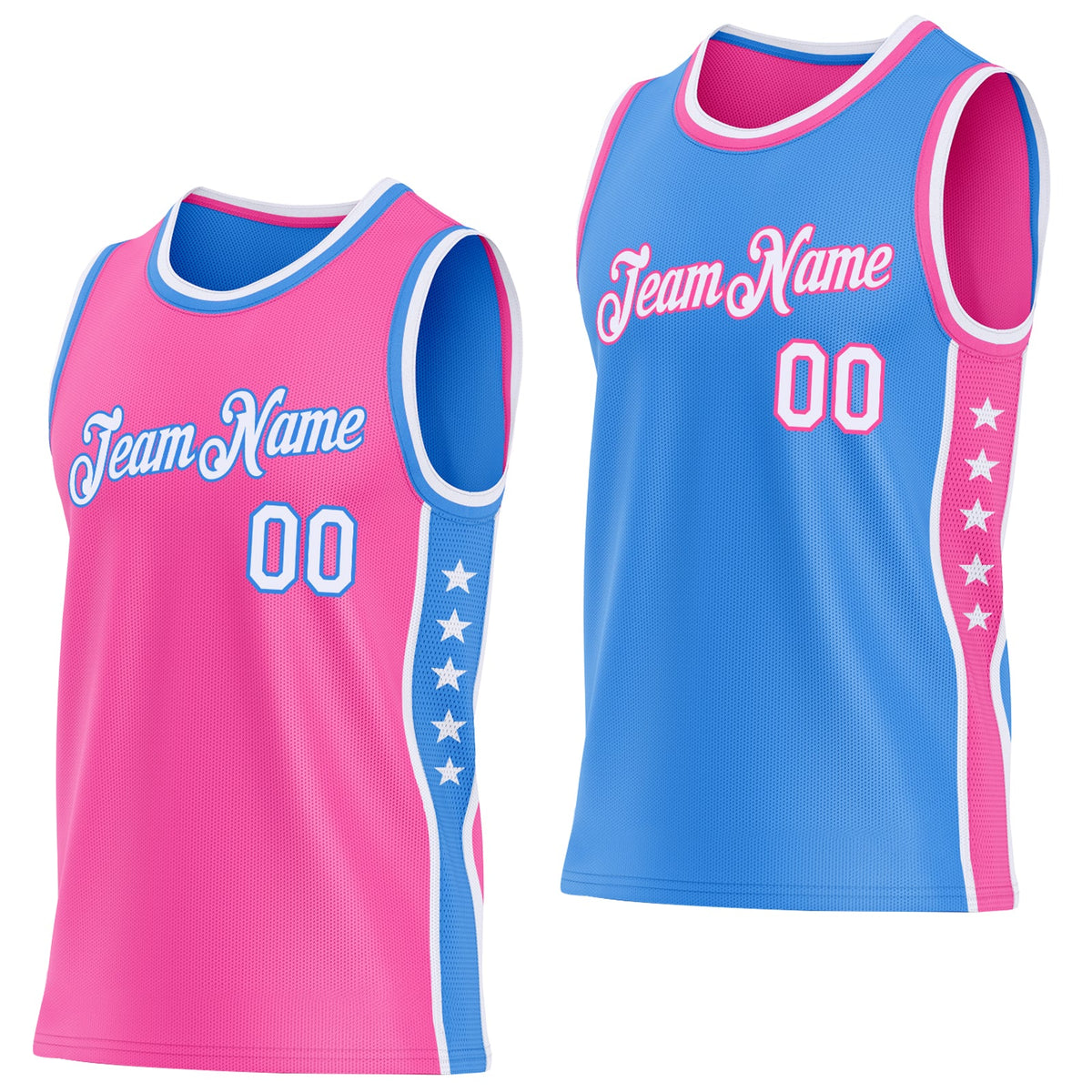 Custom Reversible Pink White-Powder Blue Double Side Star Sublimation Basketball Set Jersey
