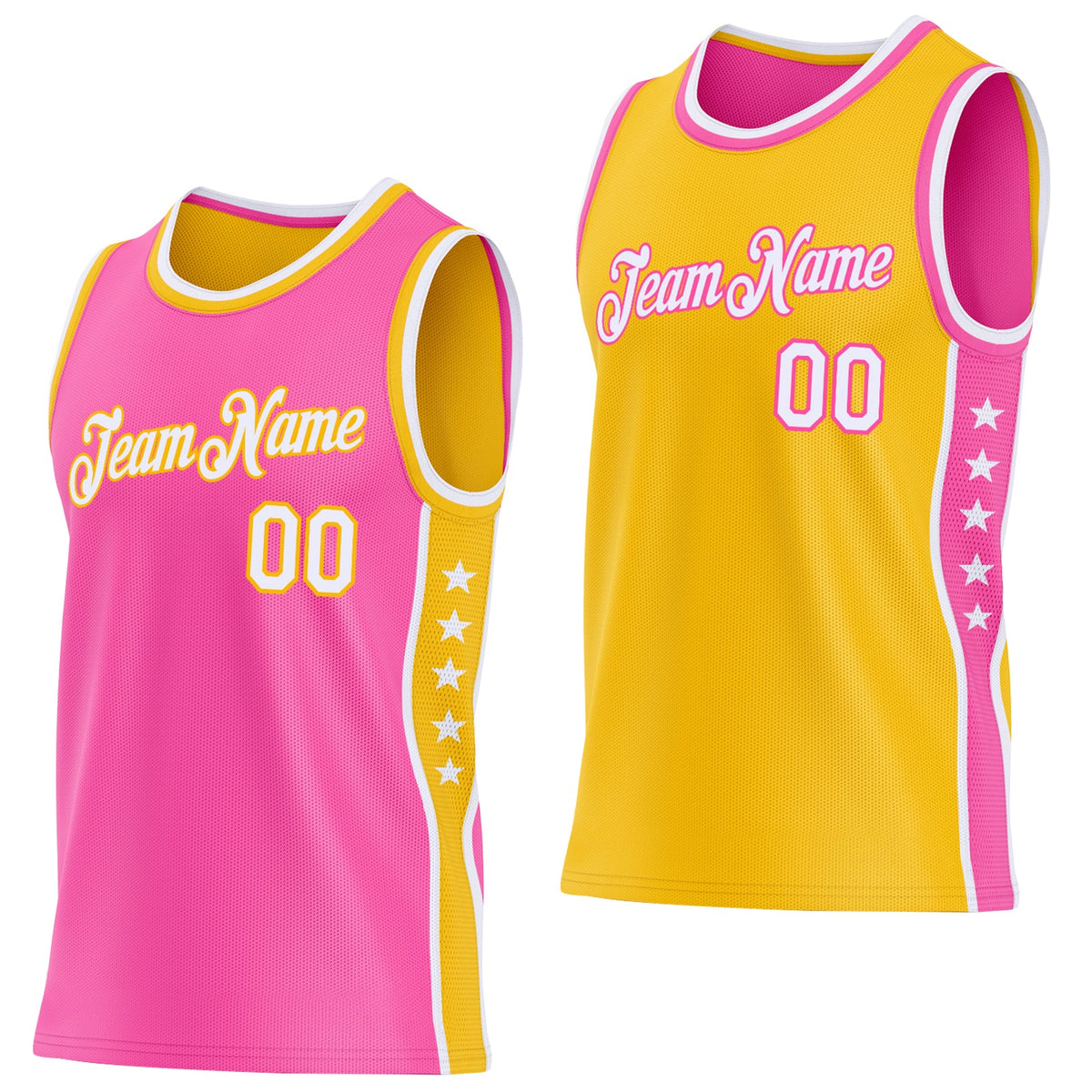 Custom Reversible Pink White-Gold Double Side Star Sublimation Basketball Set Jersey