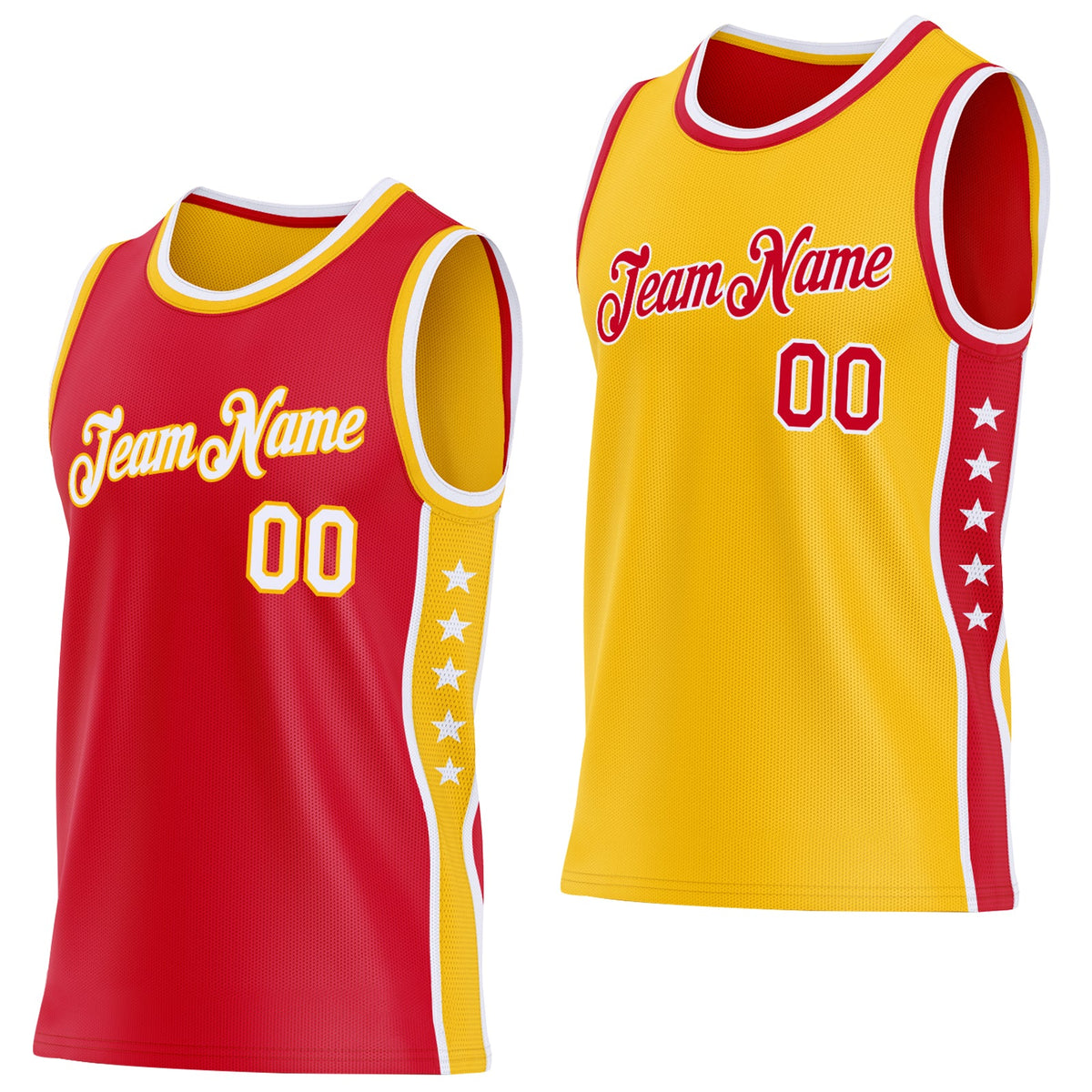 Custom Reversible Red White-Gold Double Side Star Sublimation Basketball Set Jersey